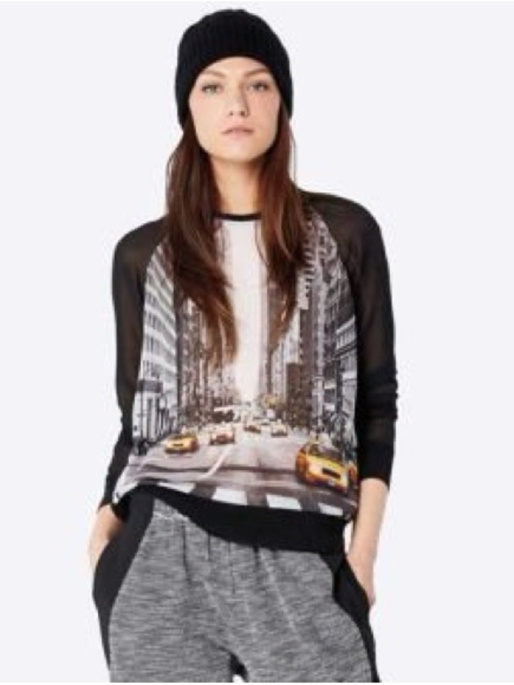 Ellie Tahari Design Nation Black Sheer Sleeve Pullover Graphic New York Scene L